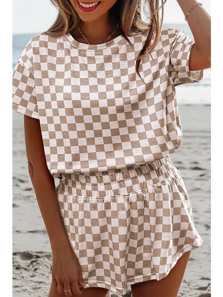 Checkerboard Top & High Waist Skorts 2 Piece Set