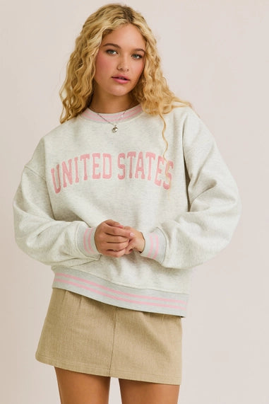 PREORDER-"United States" Crew Neck Preppy Embroidery Sweatshirt