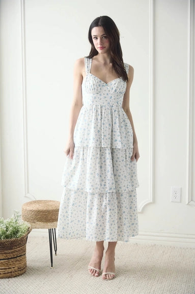 Floral Sleeveless Corset Ruffle Tiered Midi Dress