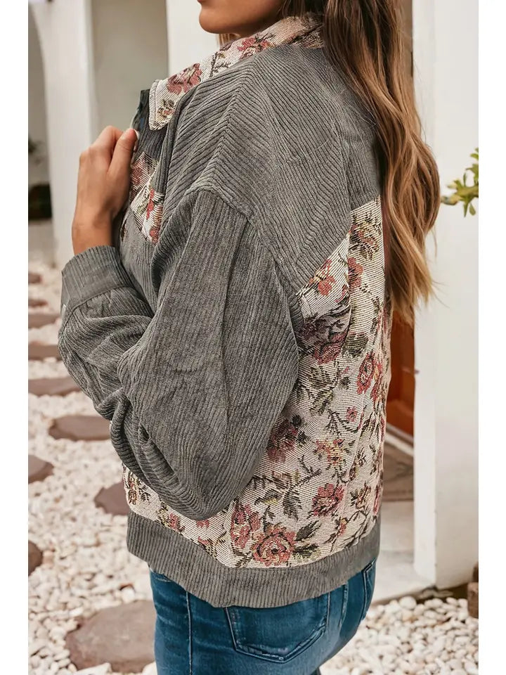 Ribbed Retro Floral Patchwork Shirt Style Jacket