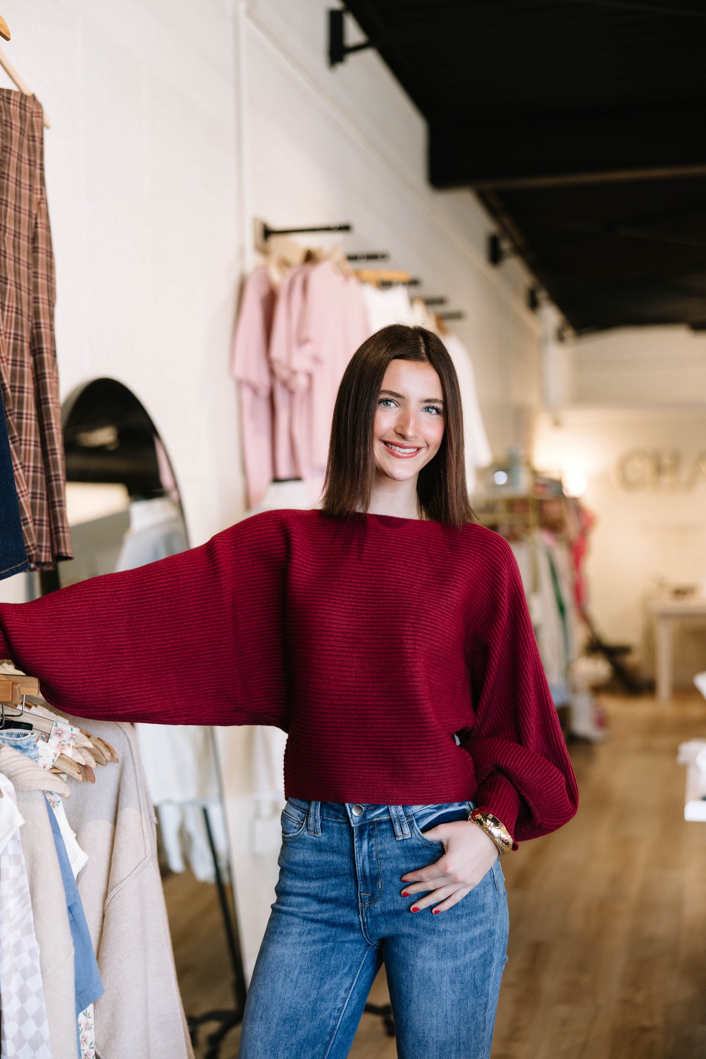 Boat neck balloon sleeve sweater