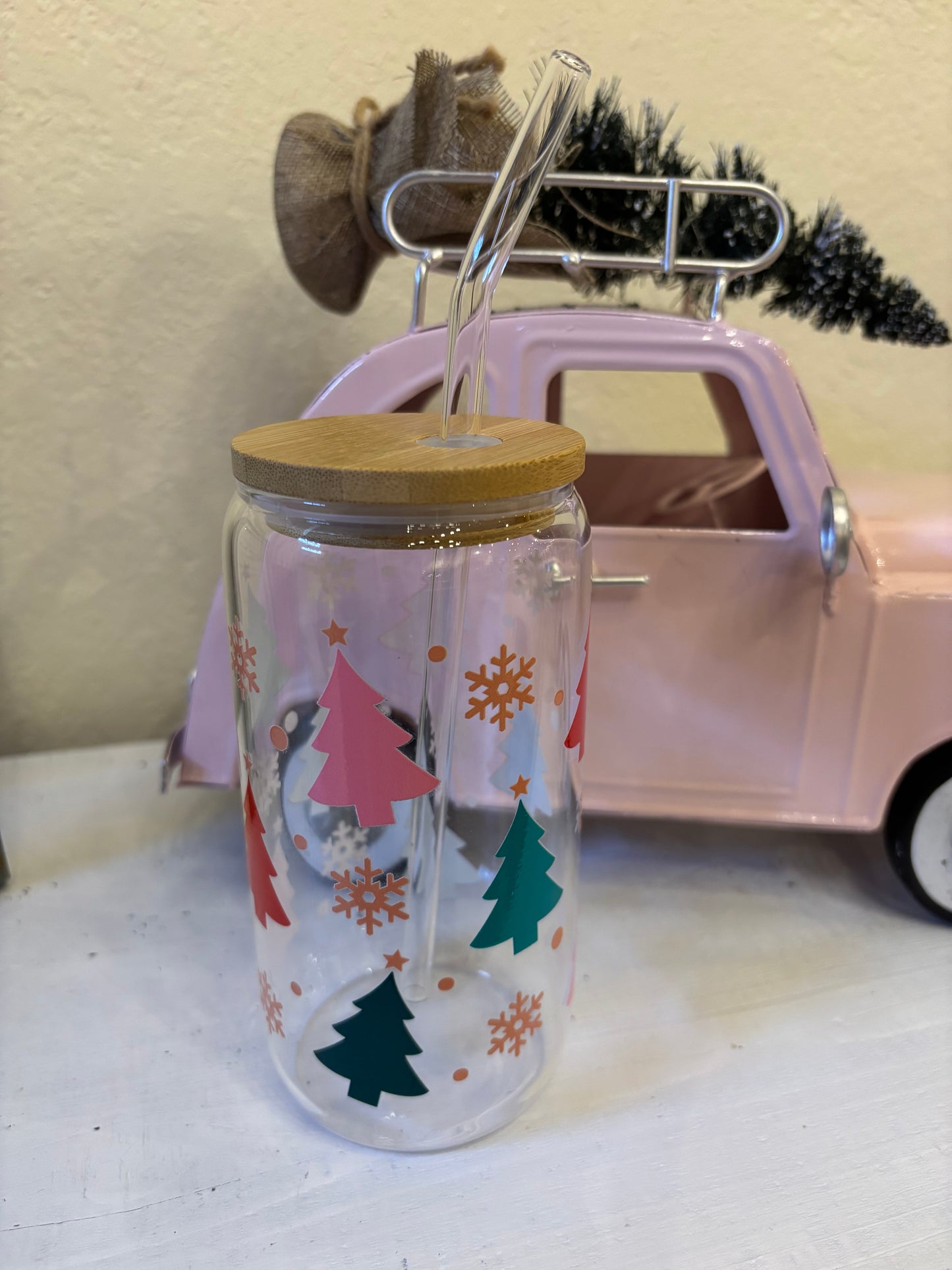 Christmas Holiday Glass Cup with Bamboo Lid, Glass straw, and Straw Cleaner