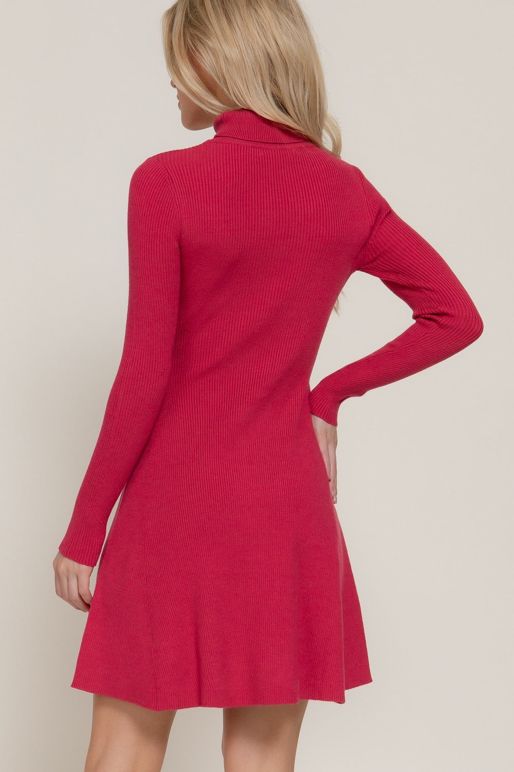Long Sleeve Fitted Sweater Dress - Cherry Red