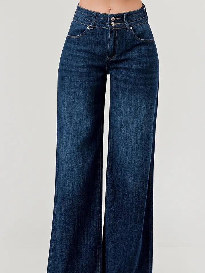 Dark Wash - Mid Rise Wide Leg Jeans with Fray Hem