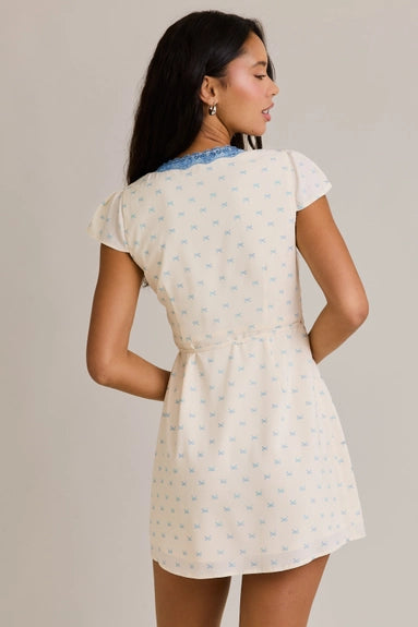 Flutter Sleeve V-Neck Lace Trimmed Wrap Mini Dress