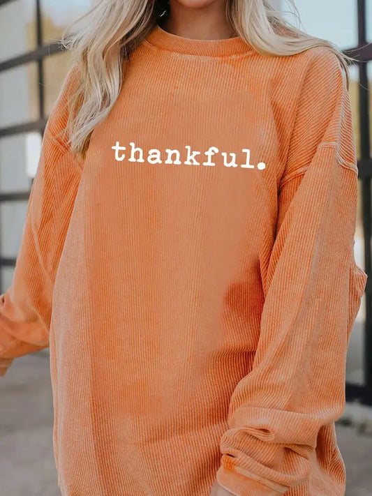 Orange Thankful Ribbed Crew Neck Thanksgiving Sweatshirt