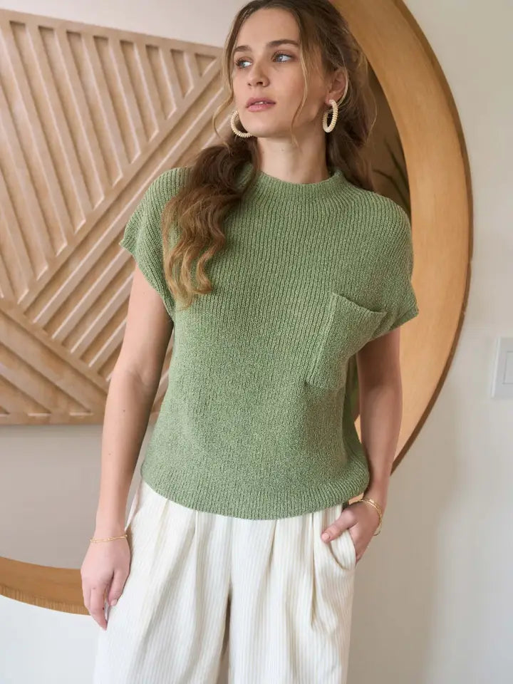 Mock Neck Short Sleeve Pocket Detail Knit Top
