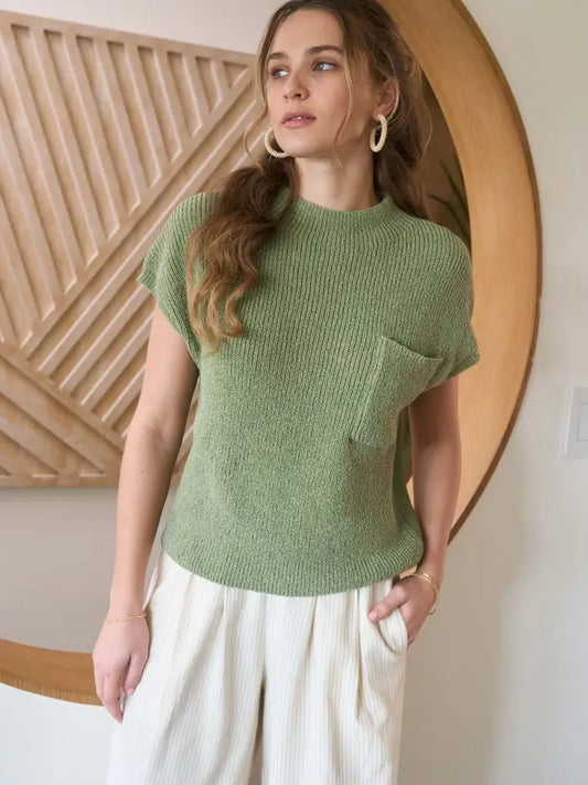 Mock Neck Short Sleeve Pocket Detail Knit Top
