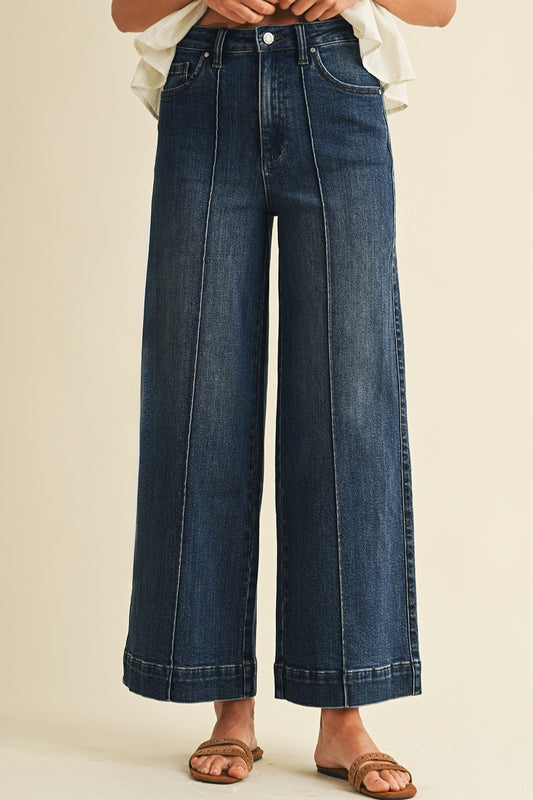 Stretch High Rise Pin Tuck Detail Wide Leg Jean