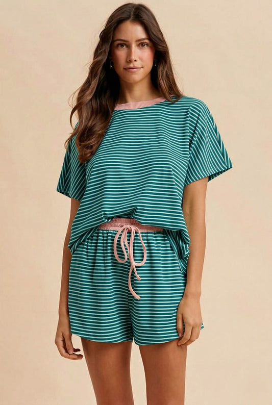 Striped Knit Top & Mini Shorts Set - Pink and Green