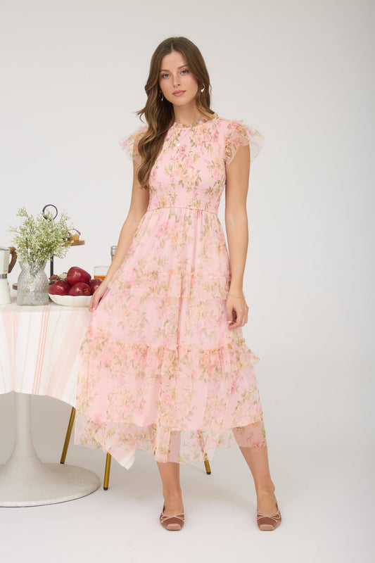 Floral Tulle Pattern Smocked Tiered Midi Dress