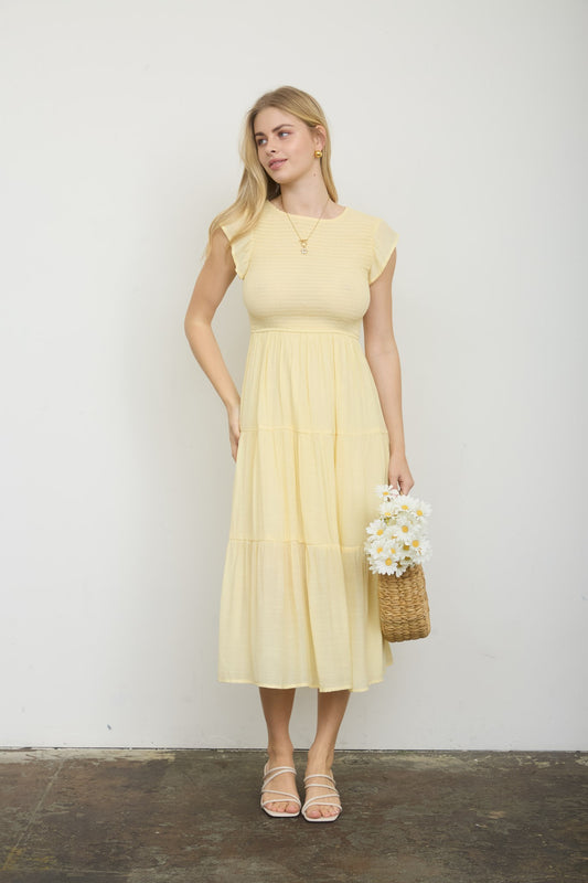 Tiered Smocked Short Sleeve Midi Dress Pastel Yellow