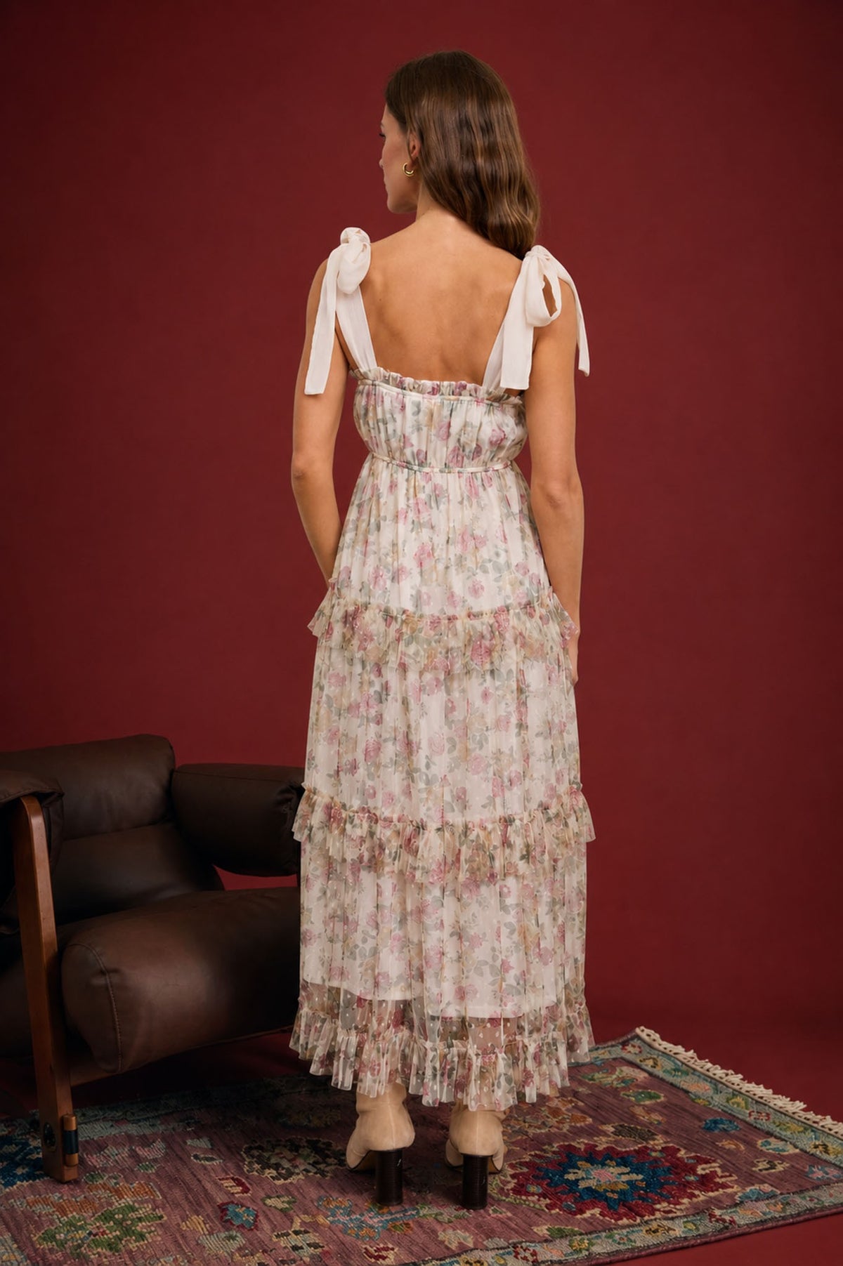 Floral Chiffon Tie Strap Ruffled Tiered Midi Dress
