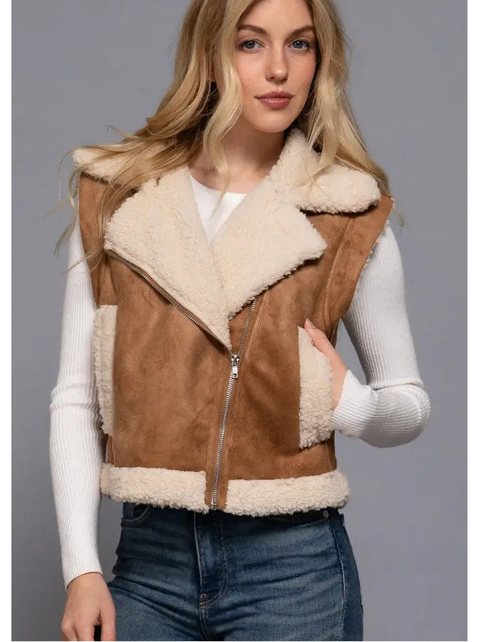 Faux Suede Inner Fur Zip Up Vest - S-XXL