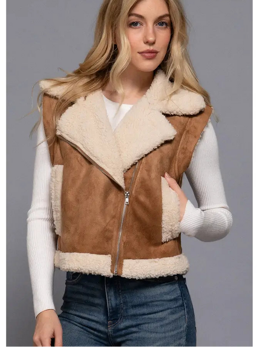 Faux Suede Inner Fur Zip Up Vest - S-XXL