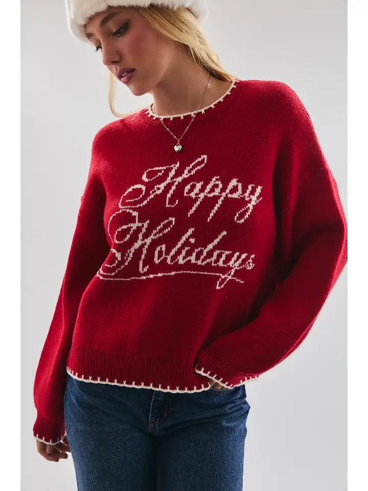 Long Sleeve Crew Neck "Happy Holidays" Graphic Sweater49