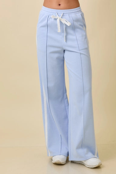 Wide Leg Pants with Lace Detail - Blue