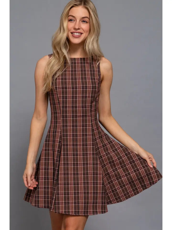 Sleeveless Boat Neck Swing Plaid Woven Mini Dress