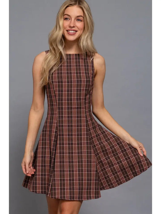 Sleeveless Boat Neck Swing Plaid Woven Mini Dress