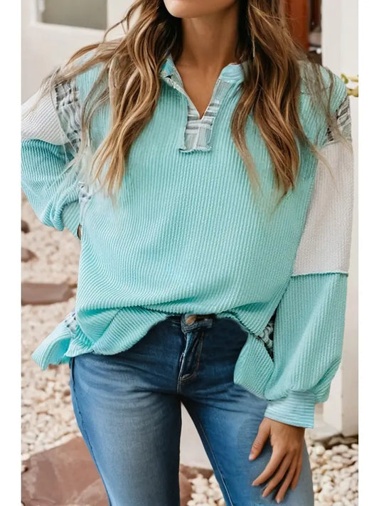 Corded Texture Plaid Colorblock Patchwork Split Neck Top