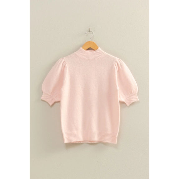 Short-Sleeve Ribbed Sweater with Puff Sleeves - Pink