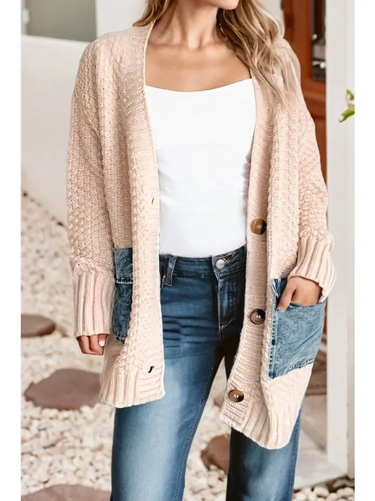 Front Knitted Denim Pocket Patchwork Cardigan