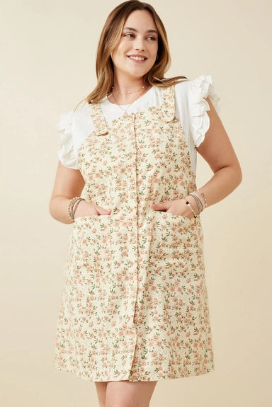 Floral Corduroy Button Detail Tank Dress