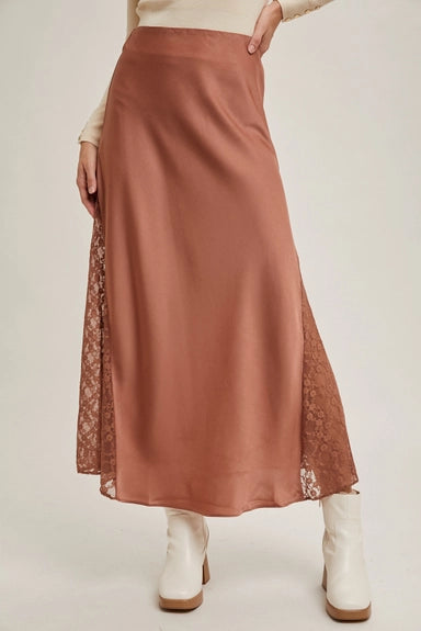 Lace Trimmed Mid-Rise Satin Midi Skirt