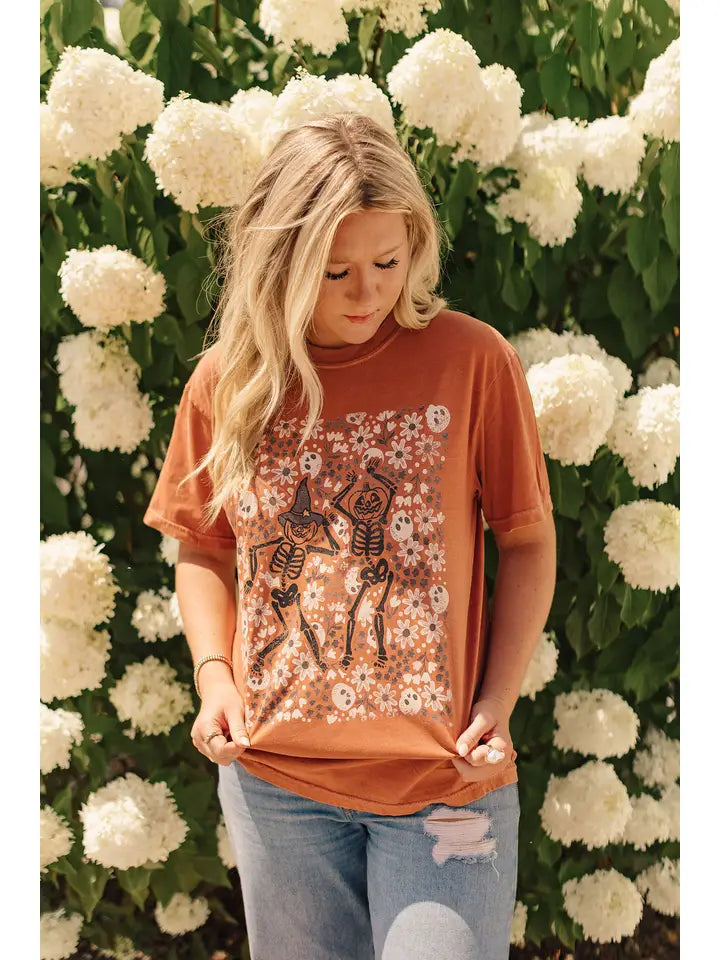 Floral Skeleton Pumpkins Graphic Tee - PREORDER