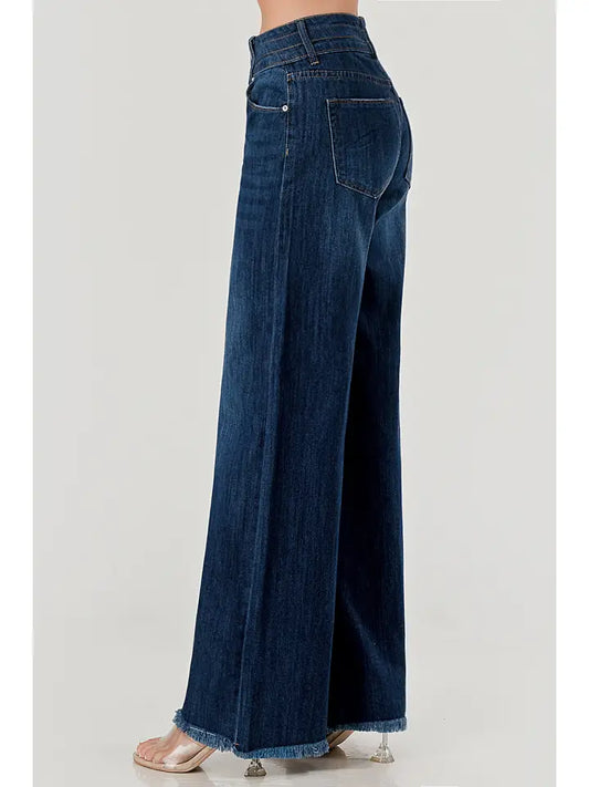 Dark Wash - Mid Rise Wide Leg Jeans with Fray Hem