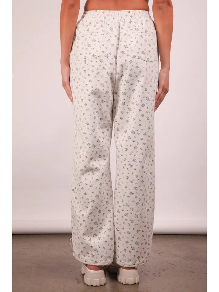 Floral Printed Linen Parachute Pants - Blue