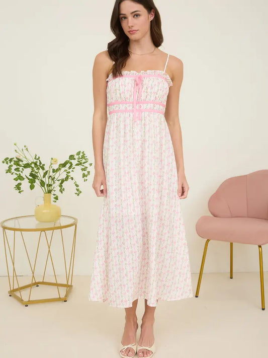 Floral Bow Pattern Spaghetti Strap Midi Dress
