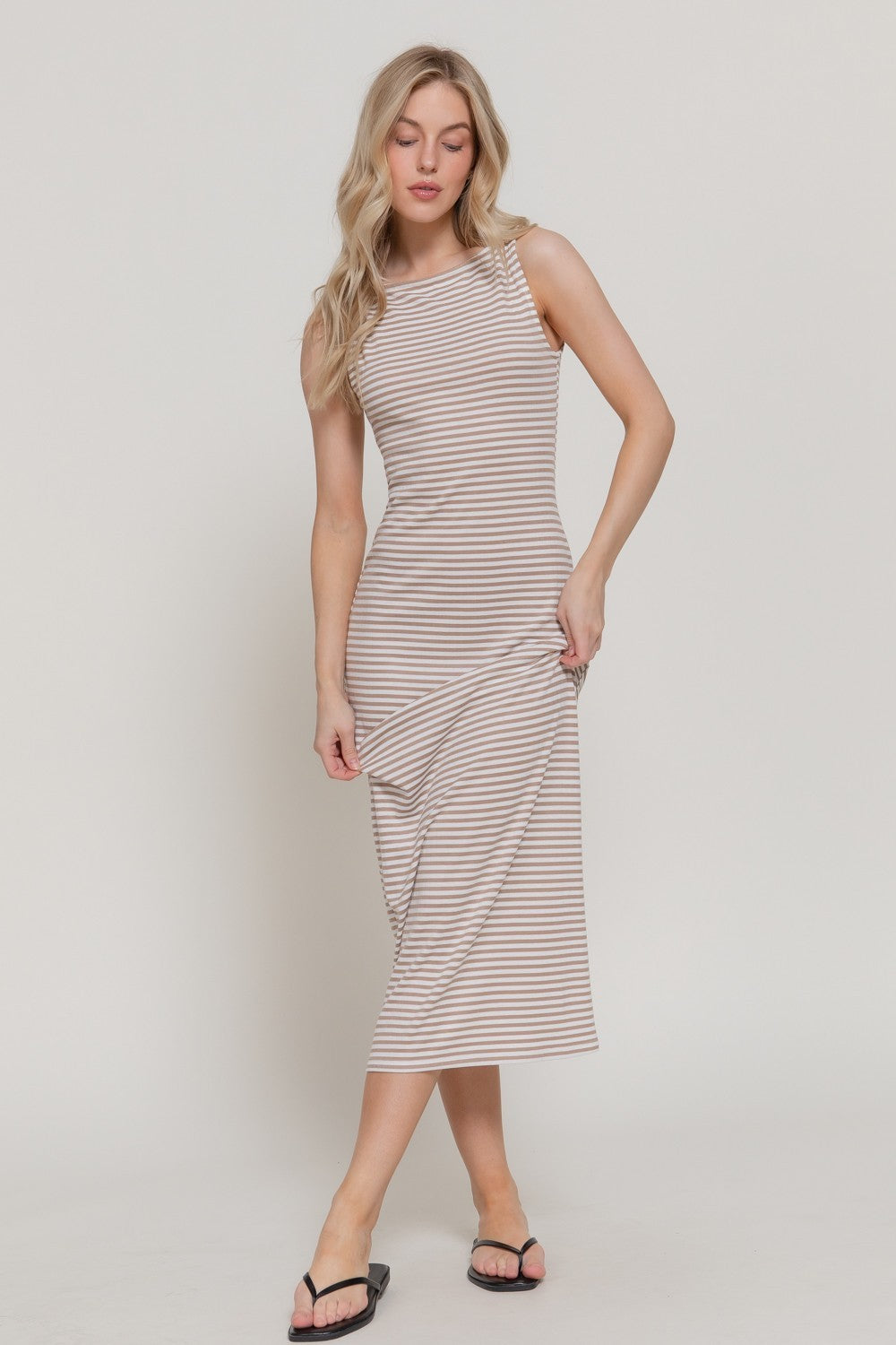 Sleeveless Boat Neck Stripe Midi Dress