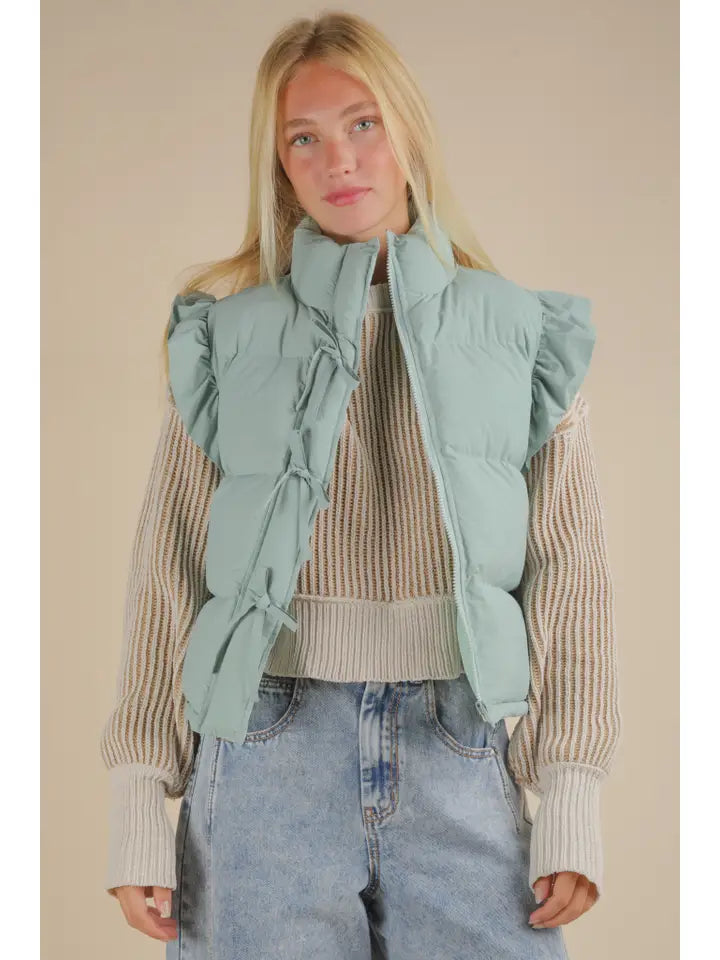 Front Bow Ruffle Sleeve Puffer Vest