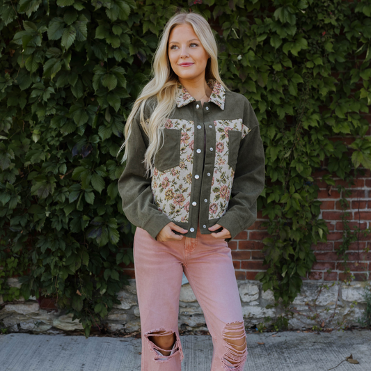 Ribbed Retro Floral Patchwork Shirt Style Jacket