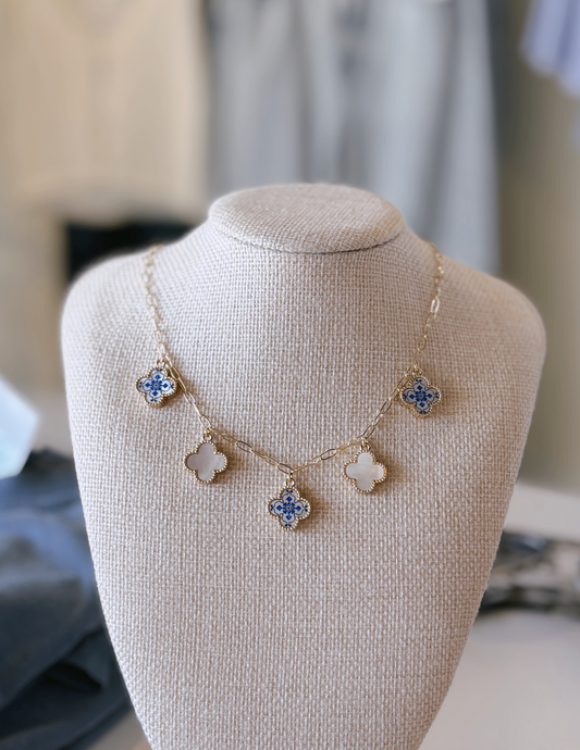 Blue and White Clover Necklace