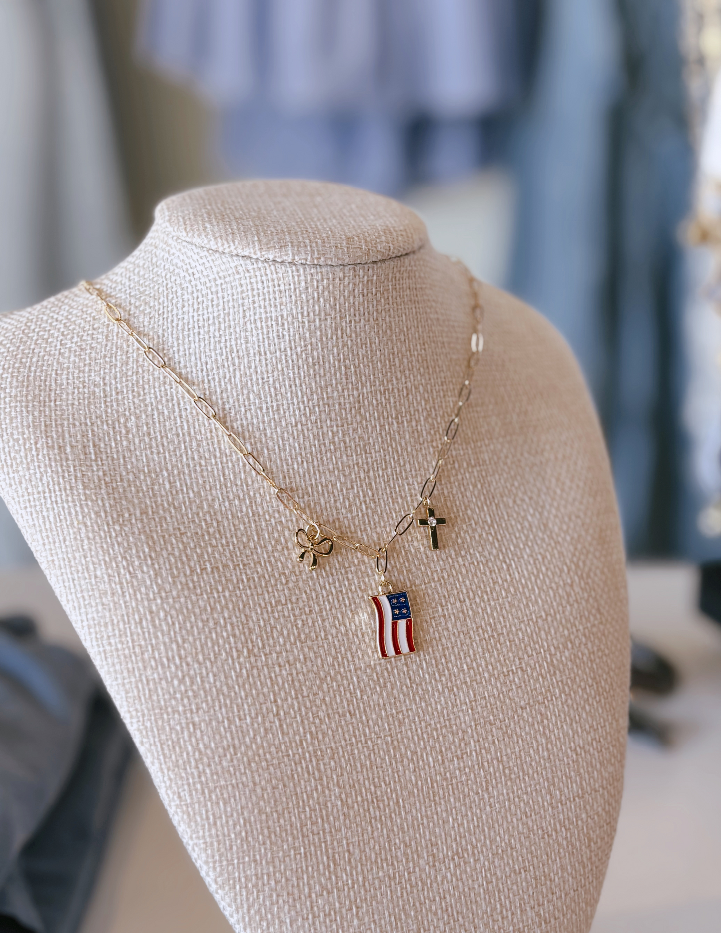 American Flag - Cross - Bow Charm Necklace