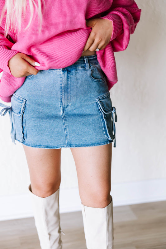 BOW TIE DENIM CARGO MINI SKIRT