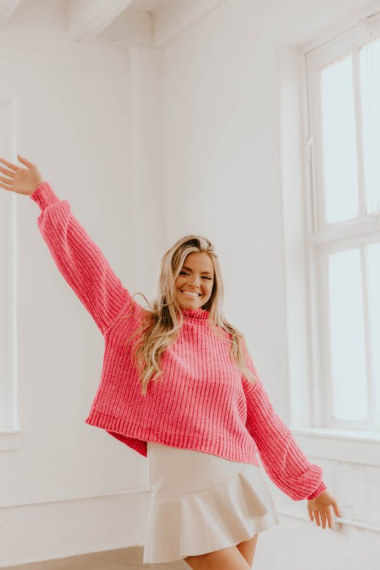 Chenille Turtleneck Sweater-Pink