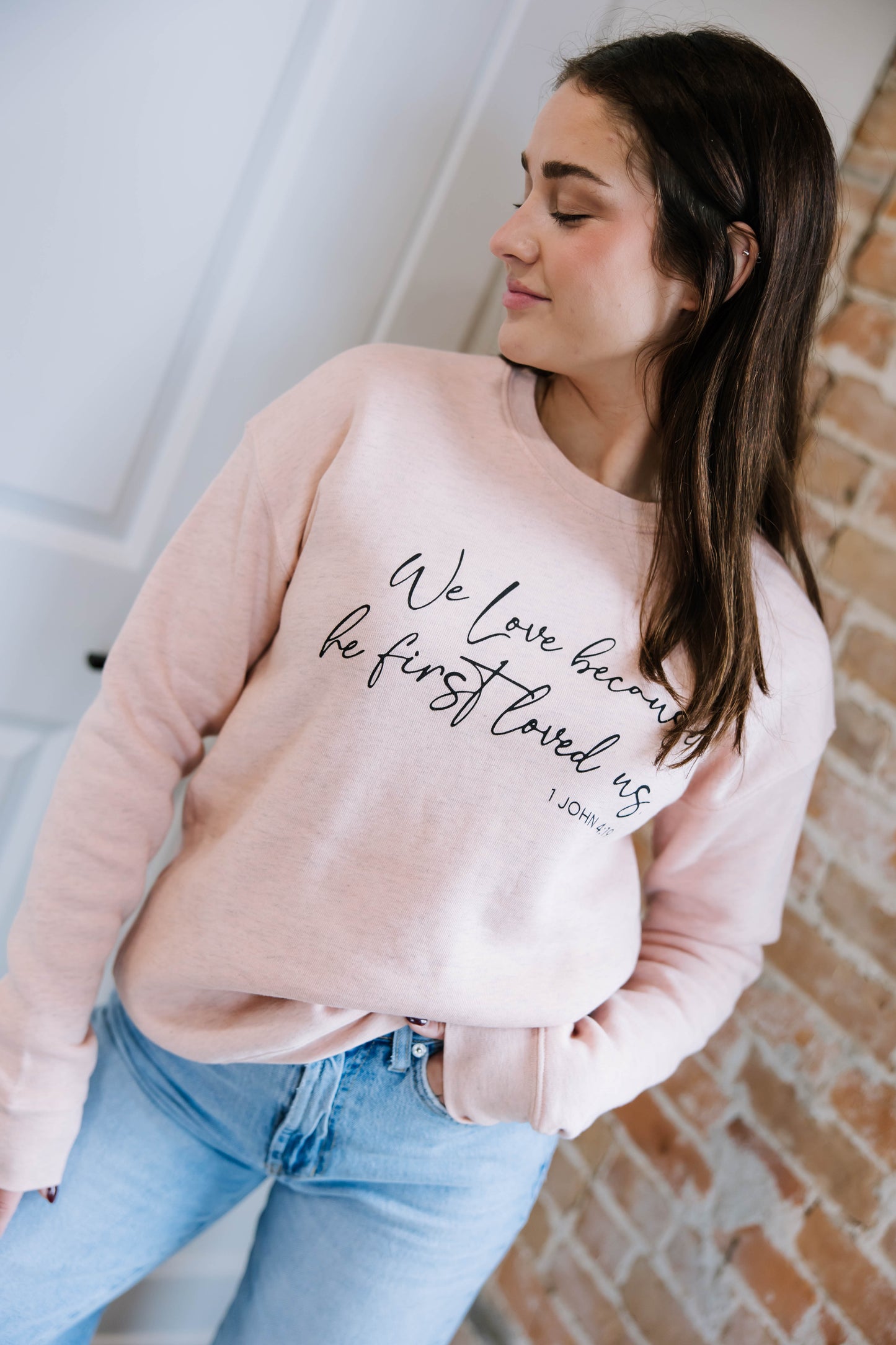 John 4:19 We Love Because He First Loved Us Crewneck- Blush