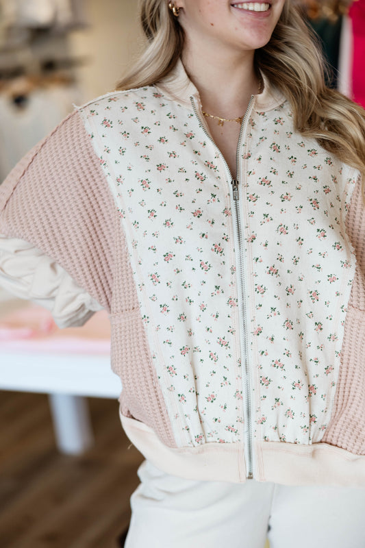 Floral Printed Contrast Knit Oversized Jacket