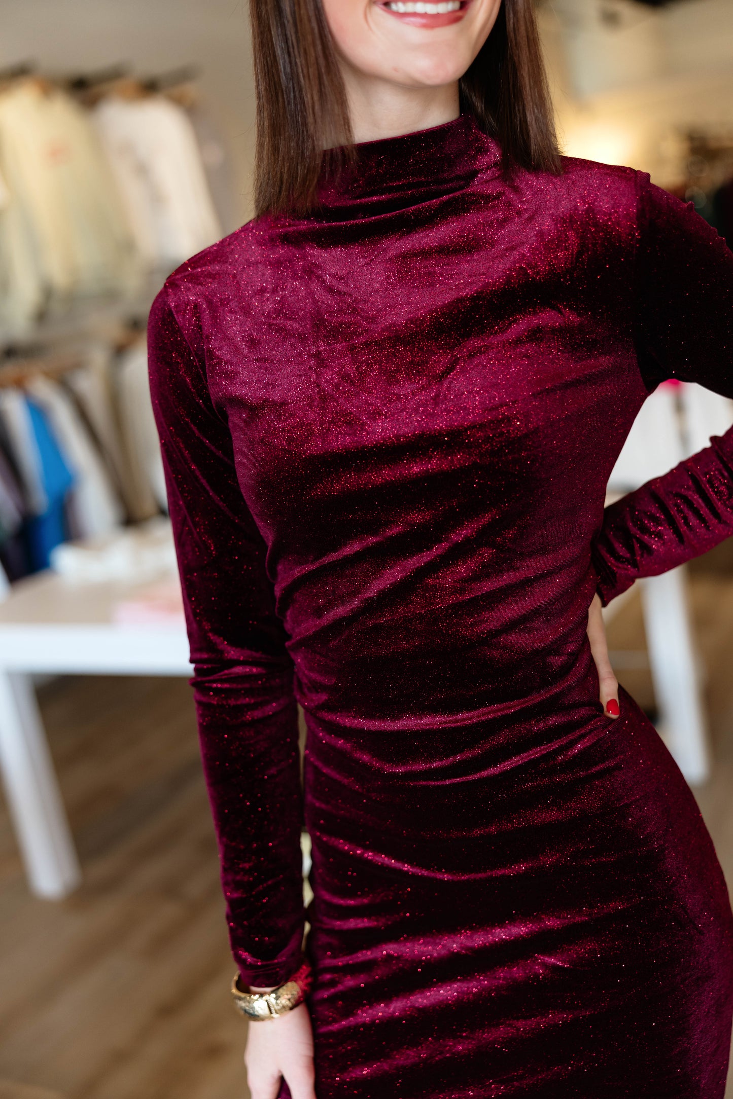 Long Sleeve High Neck Shirring Glitter Velvet Long Dress