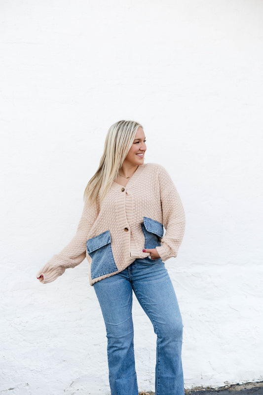 Front Knitted Denim Pocket Patchwork Cardigan