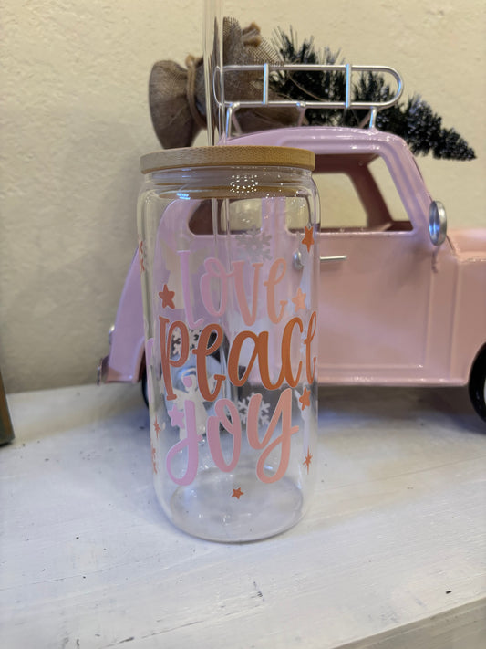 Christmas Holiday Glass Cup with Bamboo Lid, Glass straw, and Straw Cleaner