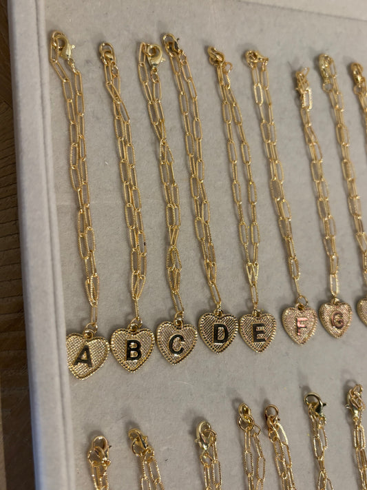 Heart Initial Bracelet Textured Paperclip