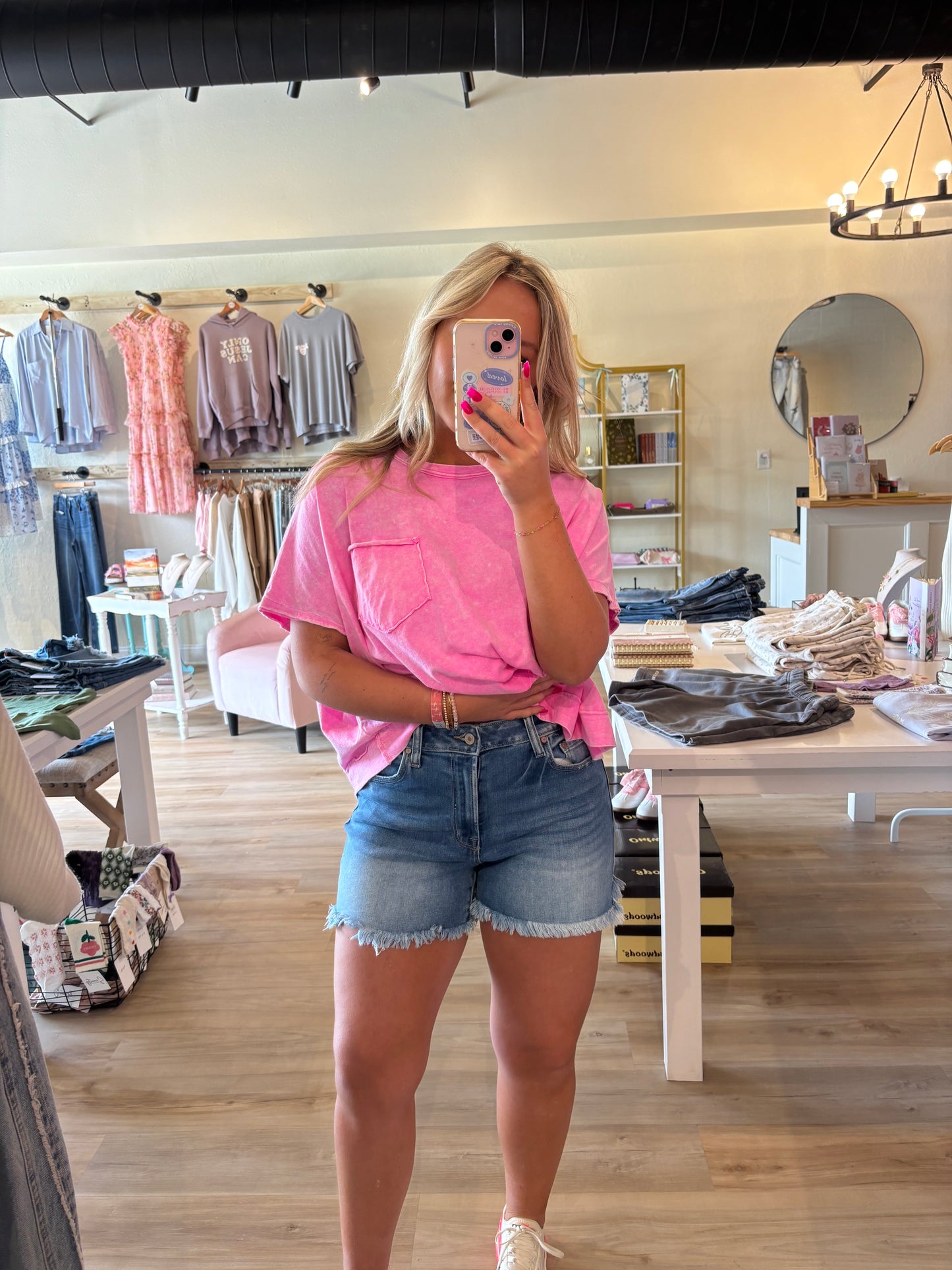 Zenana Medium Wash Mid Rise Frayed Denim Shorts