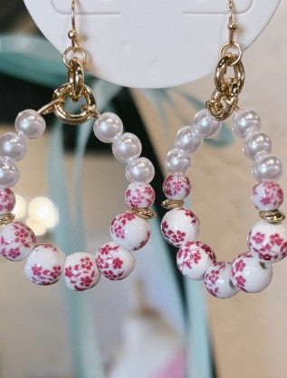 Floral Dangle Earrings - Pink/White