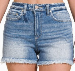 Zenana Medium Wash Mid Rise Frayed Denim Shorts