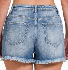 Zenana Medium Wash Mid Rise Frayed Denim Shorts