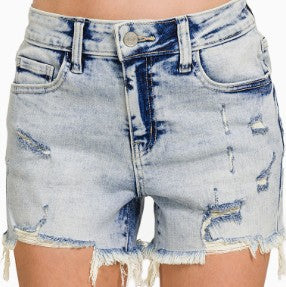 Zenana Acid Washed Distressed Hem Short Mid Rise